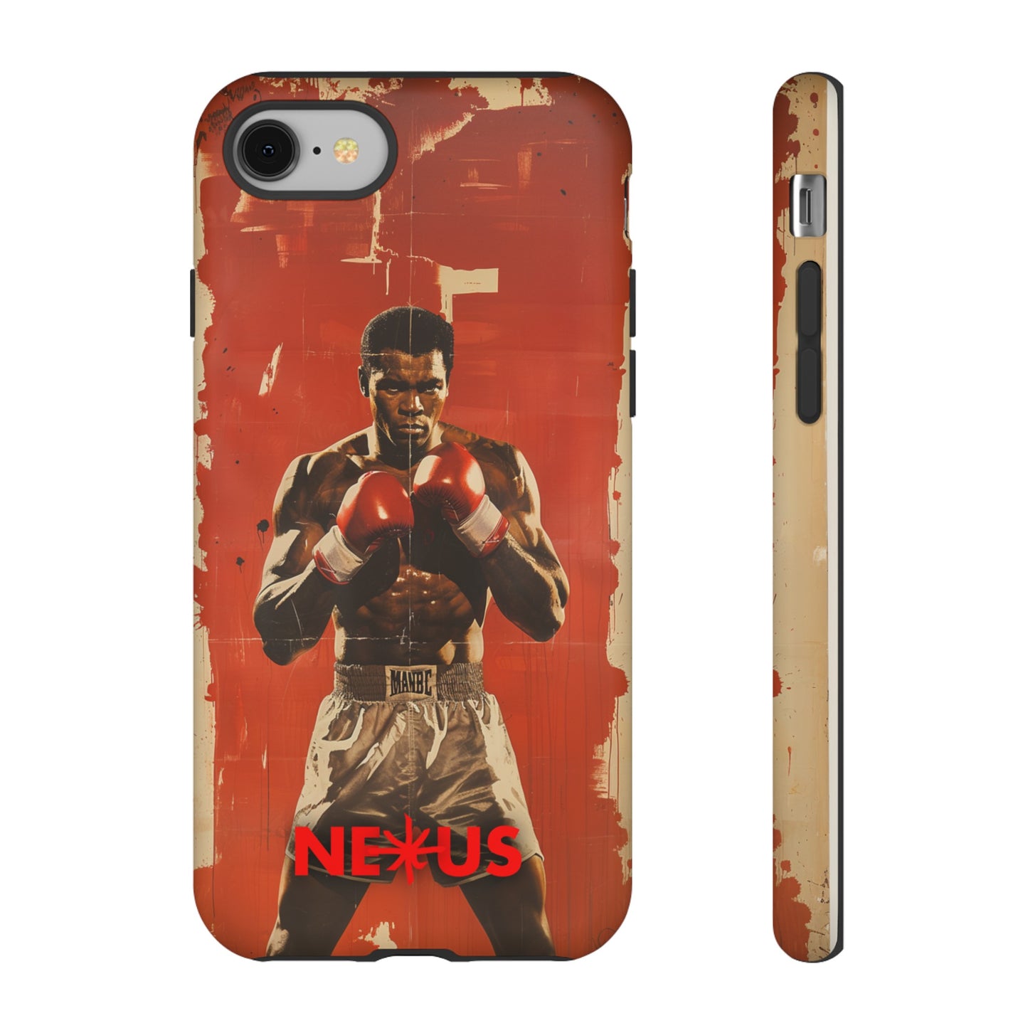 A phone case featuring an image of a boxer in a fighting stance with red gloves, against a grungy red backdrop. The word "NEXUS" is prominently displayed at the bottom.